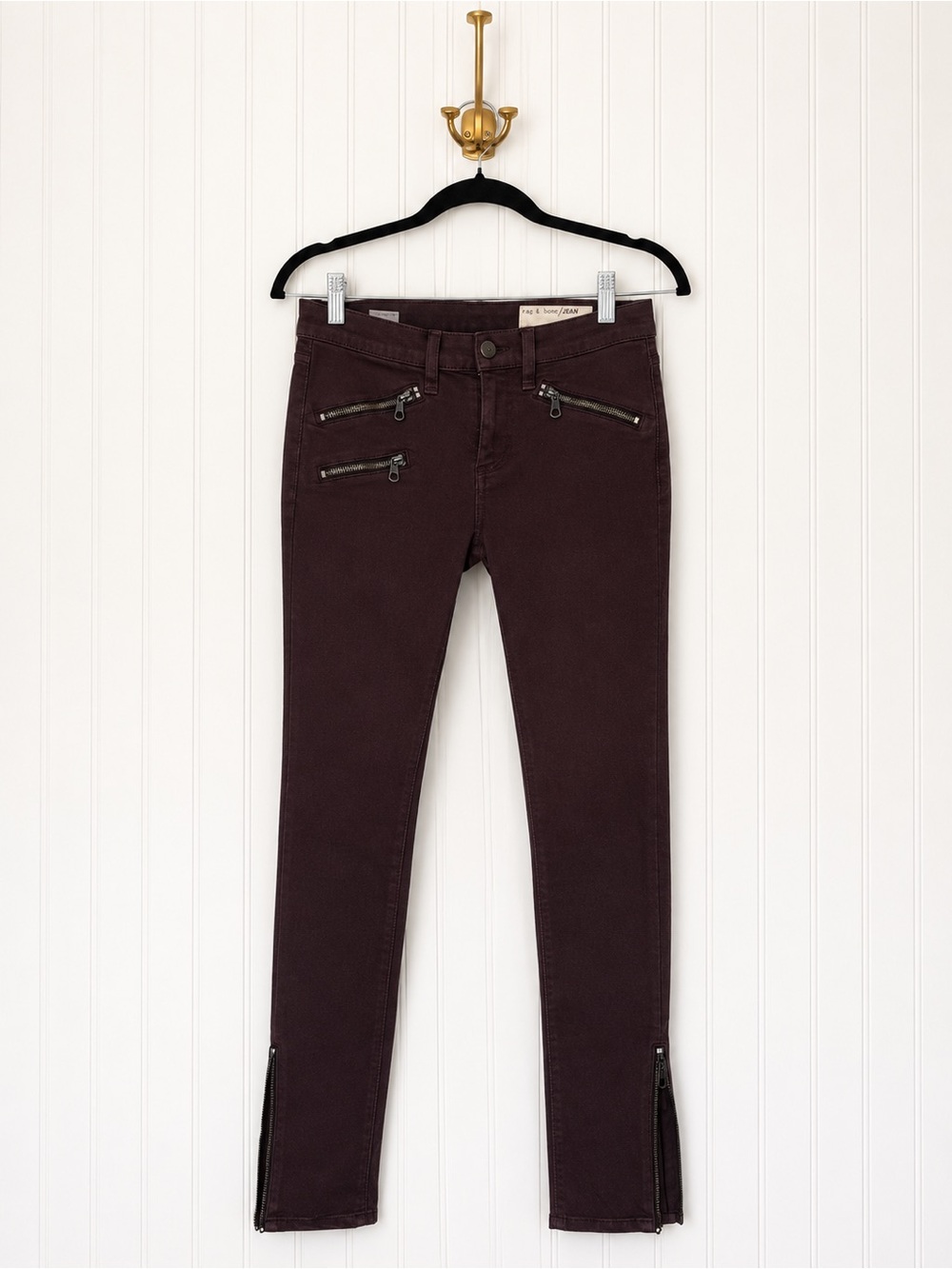 Rag & Bone JEAN Burgundy Coated Moto Skinny Jeans Size 26 Ankle Zips